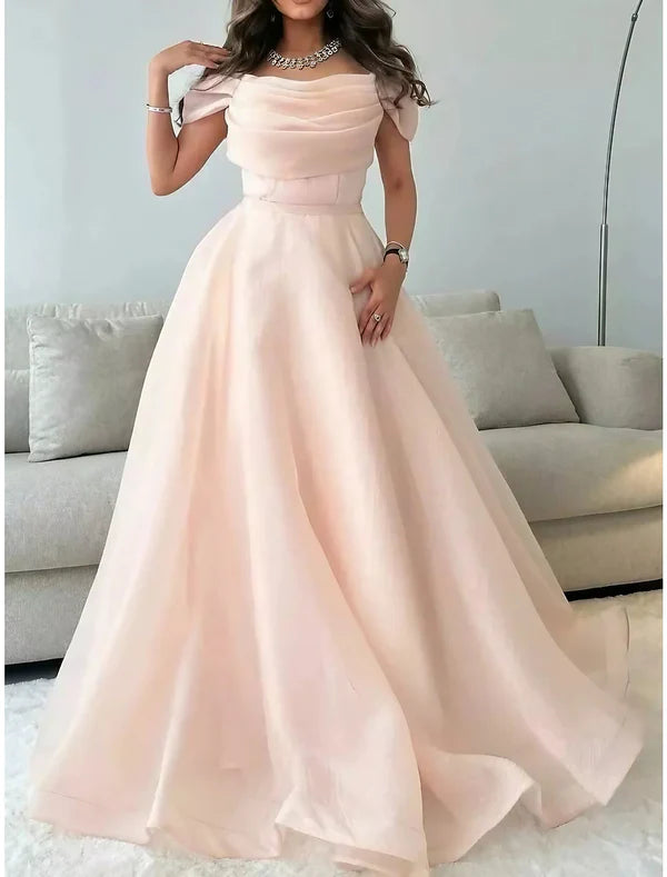 Luolandi A-Line Evening Gown Elegant Dress Formal Floor Length Short Sleeve Off Shoulder Tulle with Pleats Ruched Prom Dress